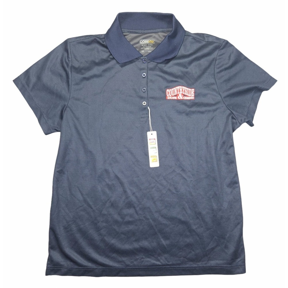 Core 365 Ladies Large Golf Polo Shirt Blue Countryside Stove Chimney NWT CE102W